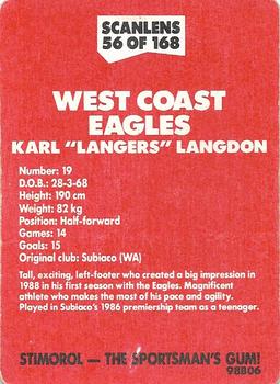 1989 Scanlens VFL #56 Karl Langdon Back